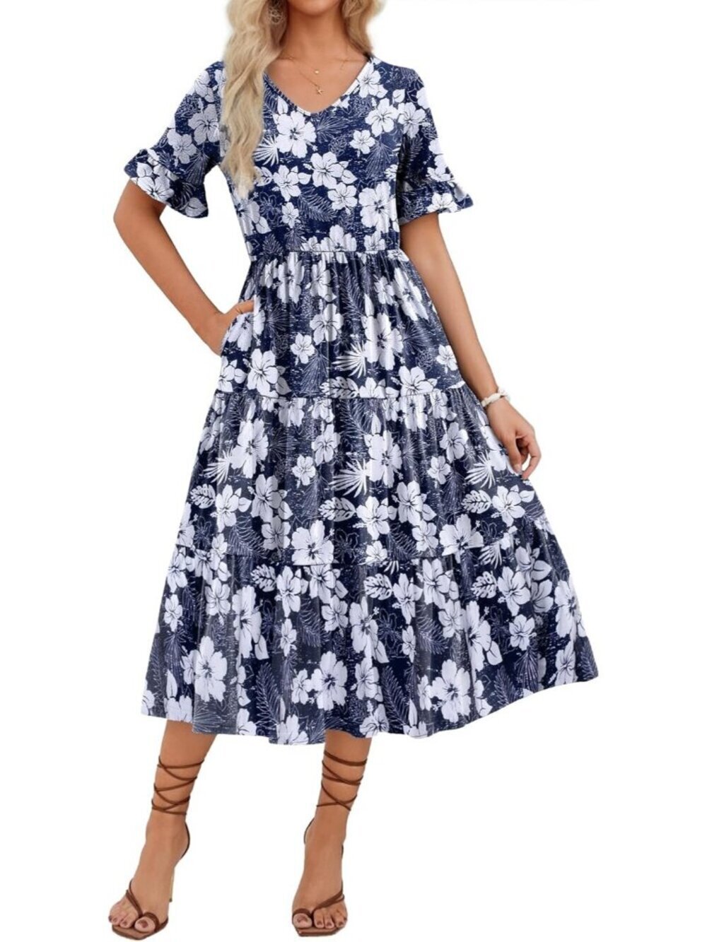 Zeagoo Women's Blue White Floral Tiered Casual Neck Ruffle Short Midi Maxi Dress